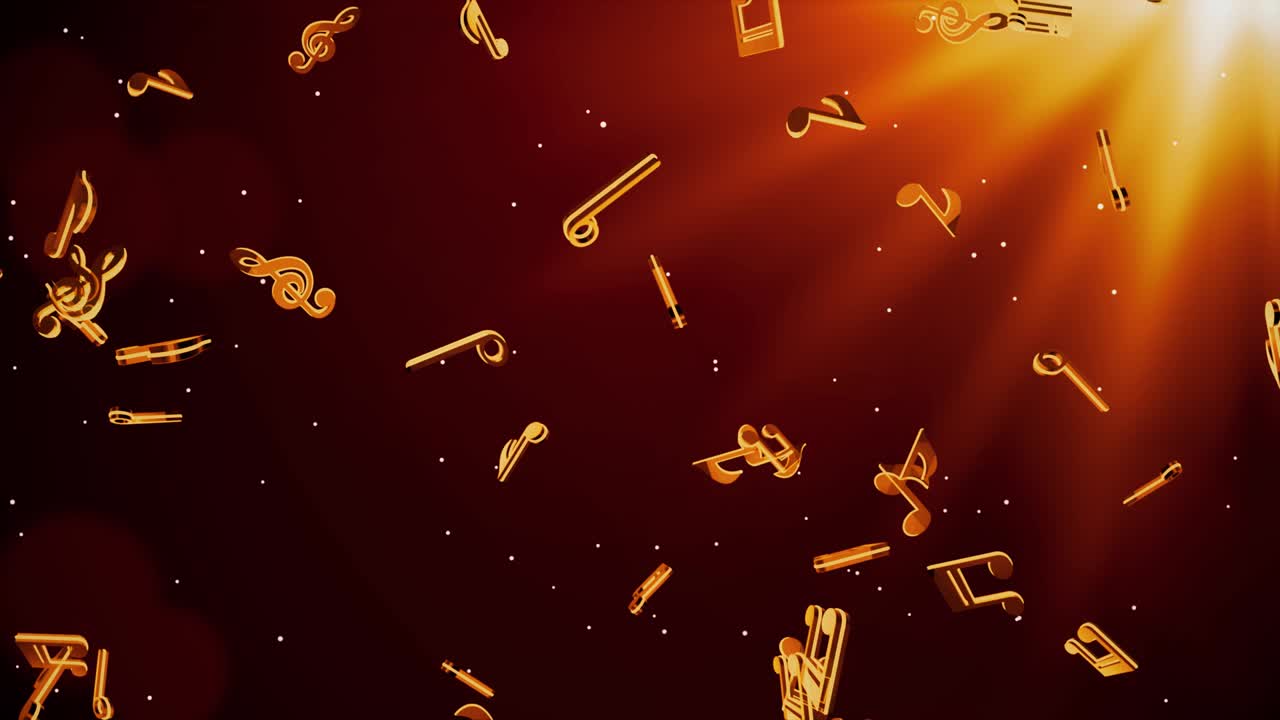 Music Notes Golden Sparkling Stream animation loop 4K 3D.