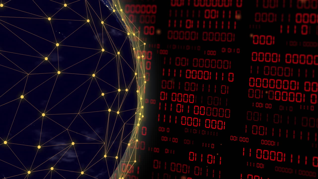 animación del globo con codificación binaria y procesamiento de datos sobre fondo oscuro