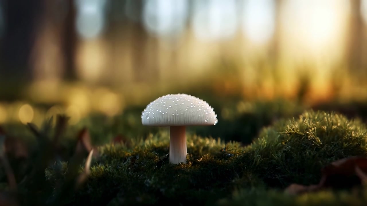 露に覆われた小さな白いキノコのクローズアップ。苔と草の中に生え、柔らかくぼかされた森の背景と暖かな日差しが差し込む。