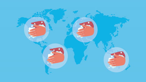 global handwashing day animation with hands in earth maps