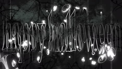 glowing lights spots floating over happy halloween text against creepy trees on grey background