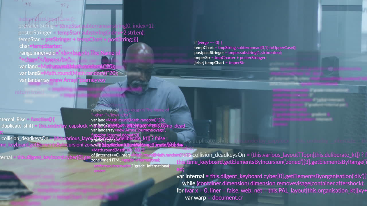 Animation of data processing over senior african american man using smartphone and laptop in office