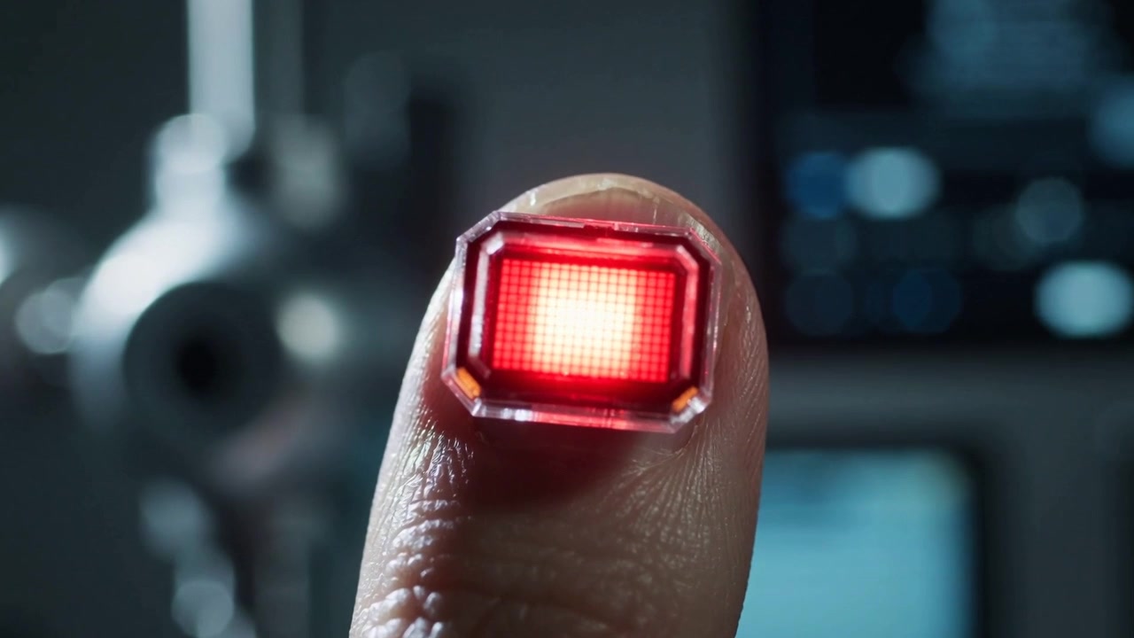 Un modulo per dito si accende emettendo una griglia rossa brillante sull'unghia in laboratorio, con un braccio e monitor che scansionano