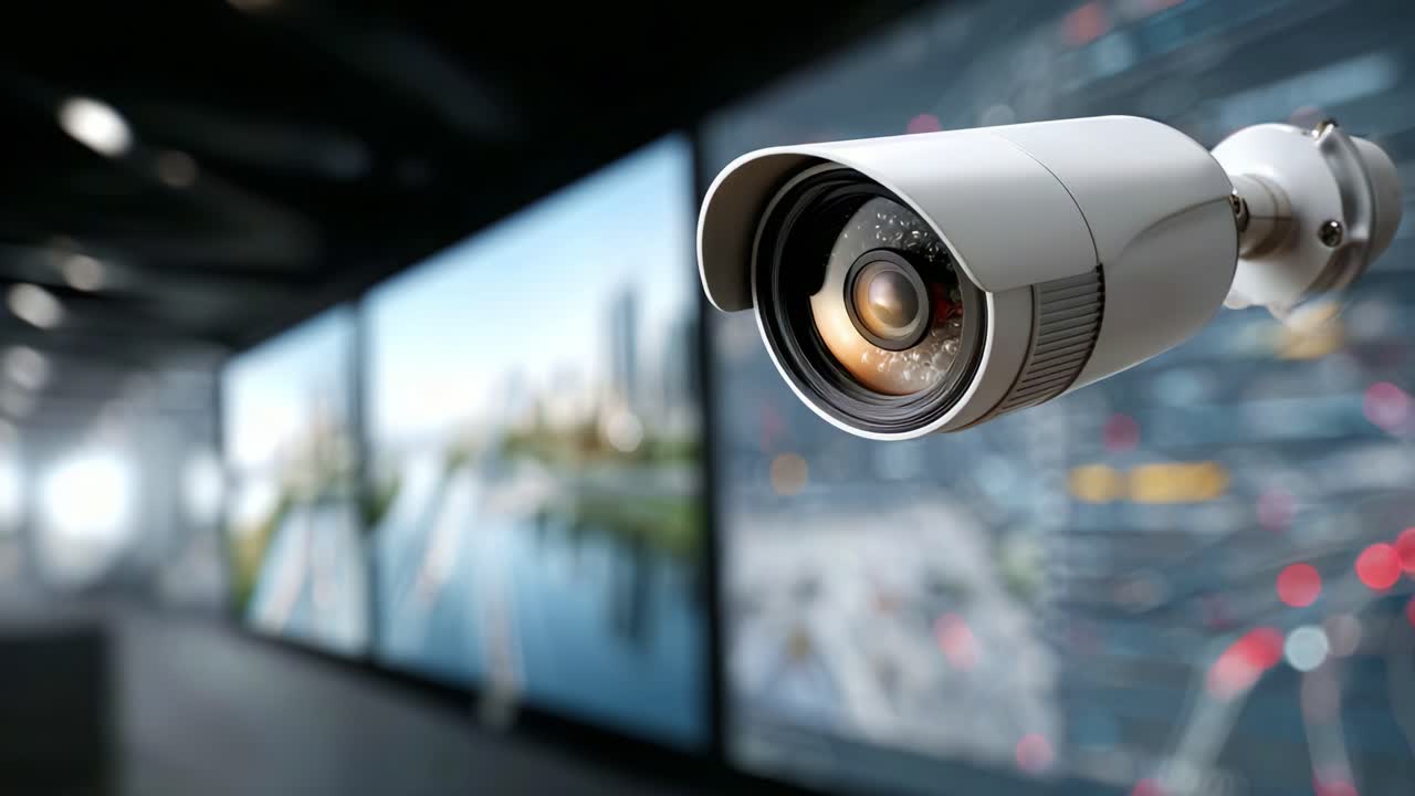 High-Definition Surveillance Camera Monitoring A High-Tech Environment With Multiple Digital Displays Showing Various Data And Insights