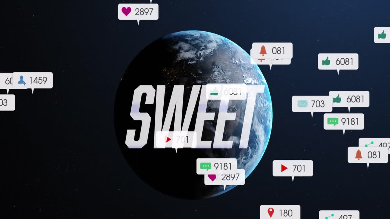 달한 텍스트 및 소셜 미디어 알림의 애니메이션 밤 하늘에서 전 세계 데이터를 처리