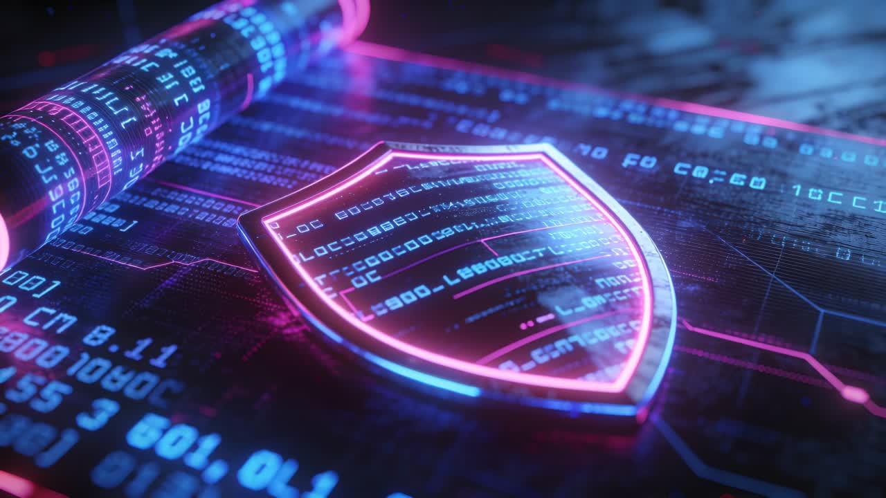Vertical video: Zooming camera on neon-lit shield on board, revealing data ribbon and code for scan