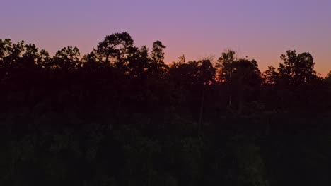 drone unveiling shot of a beautiful landscape, discovering the red sun at the horizon, rising up behind a big forest at the early morning.
