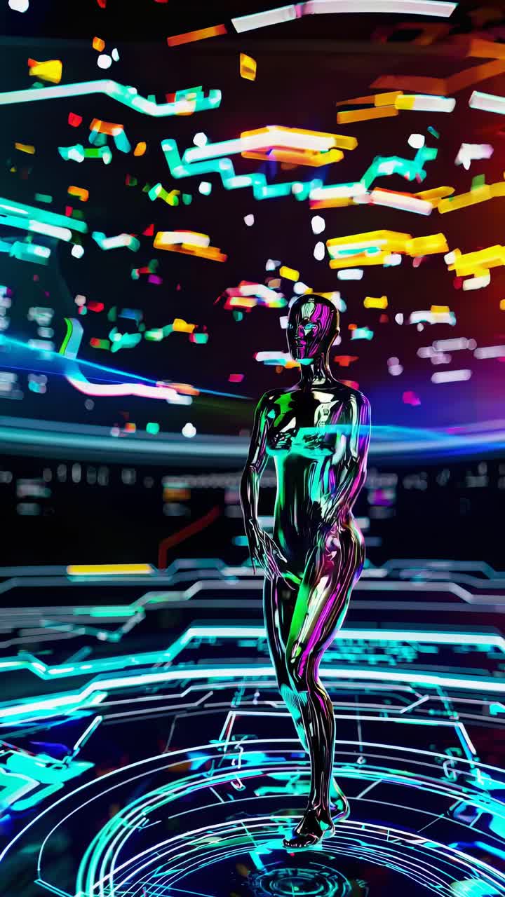 Futuristic video concept with a metallic humanoid figure, surrounded by neon lights
