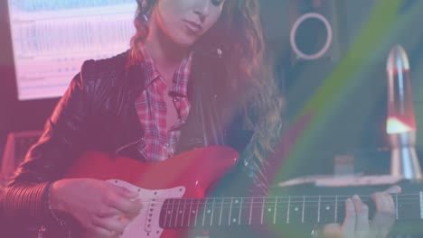 Animación-De-Ondas-De-Luz-De-Colores-Sobre-Una-Guitarrista-Caucásica-Tocando-Una-Guitarra-Eléctrica-Roja