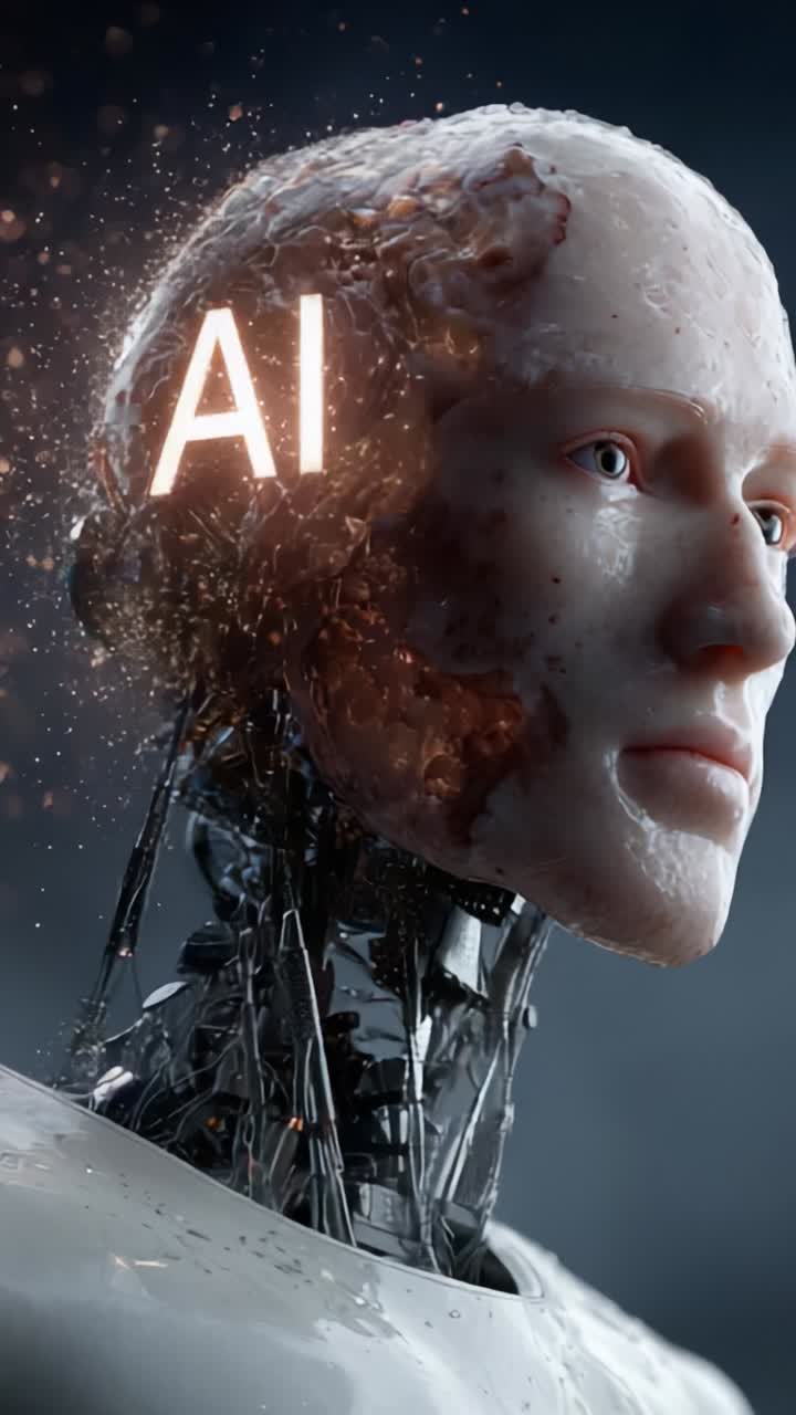 Un robot umanoide futuristico, che cattura l'essenza dell'intelligenza artificiale, mette in mostra una combinazione di tecnologia e sembianze umane attraverso un dettaglio ipnotico della testa illuminata