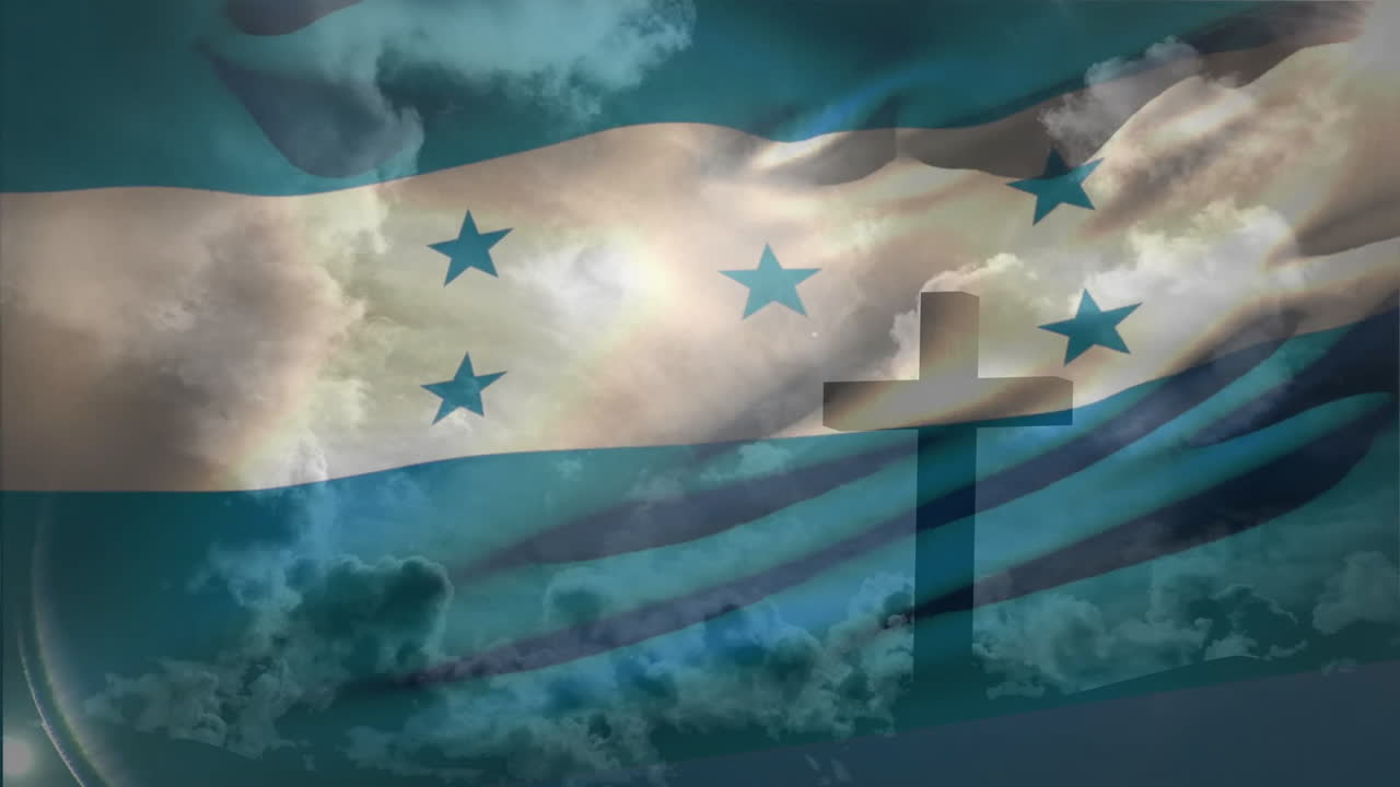 Honduras flag waving with cross silhouette against cloudy sky background animation