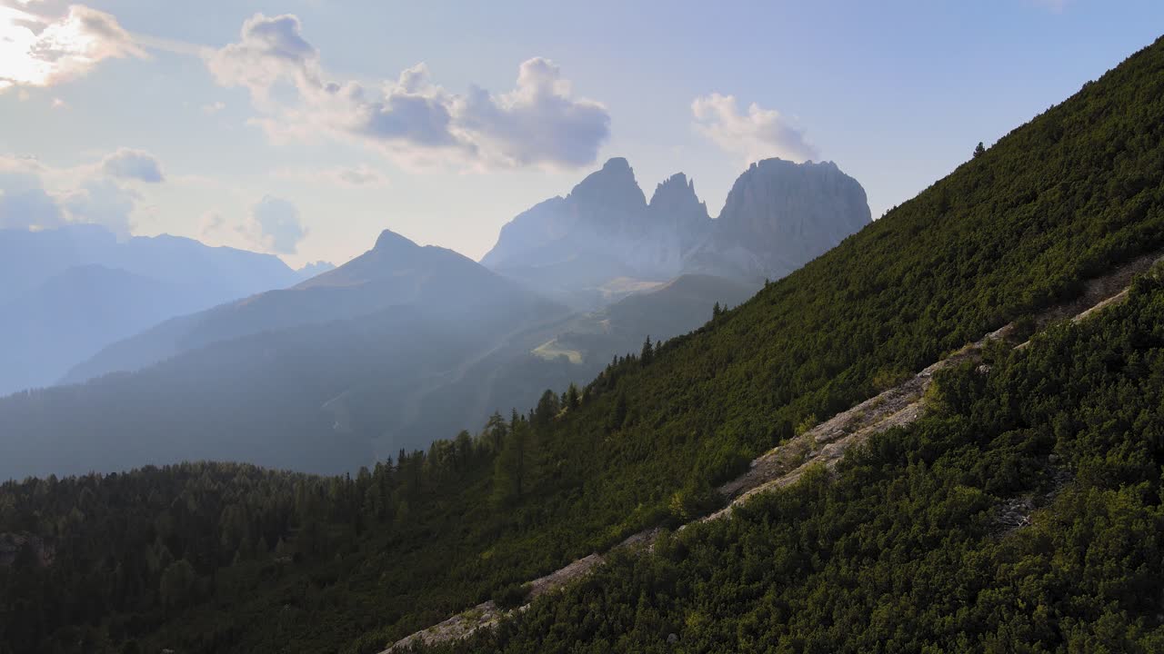 Cinematic aerial view of Dolomites, Italy