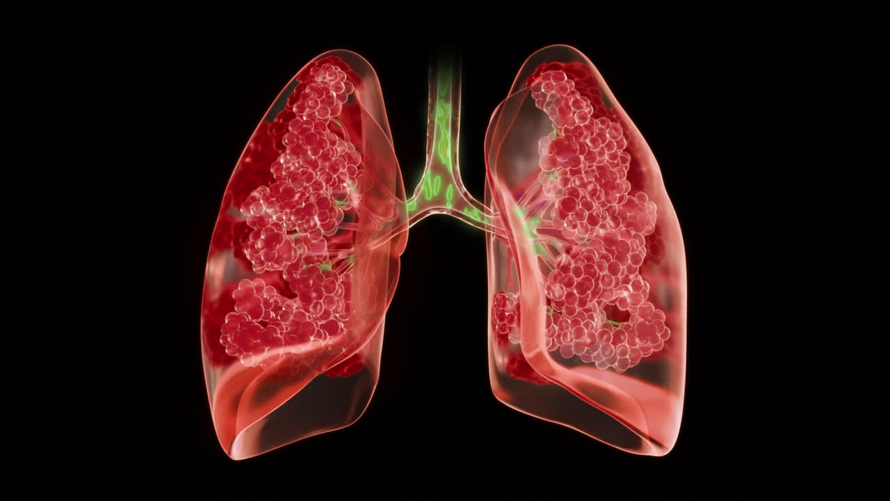 Polmoni umani trasparenti che passano da un'anatomia sana e blu a un organo respiratorio rosso infiammato su canale alfa