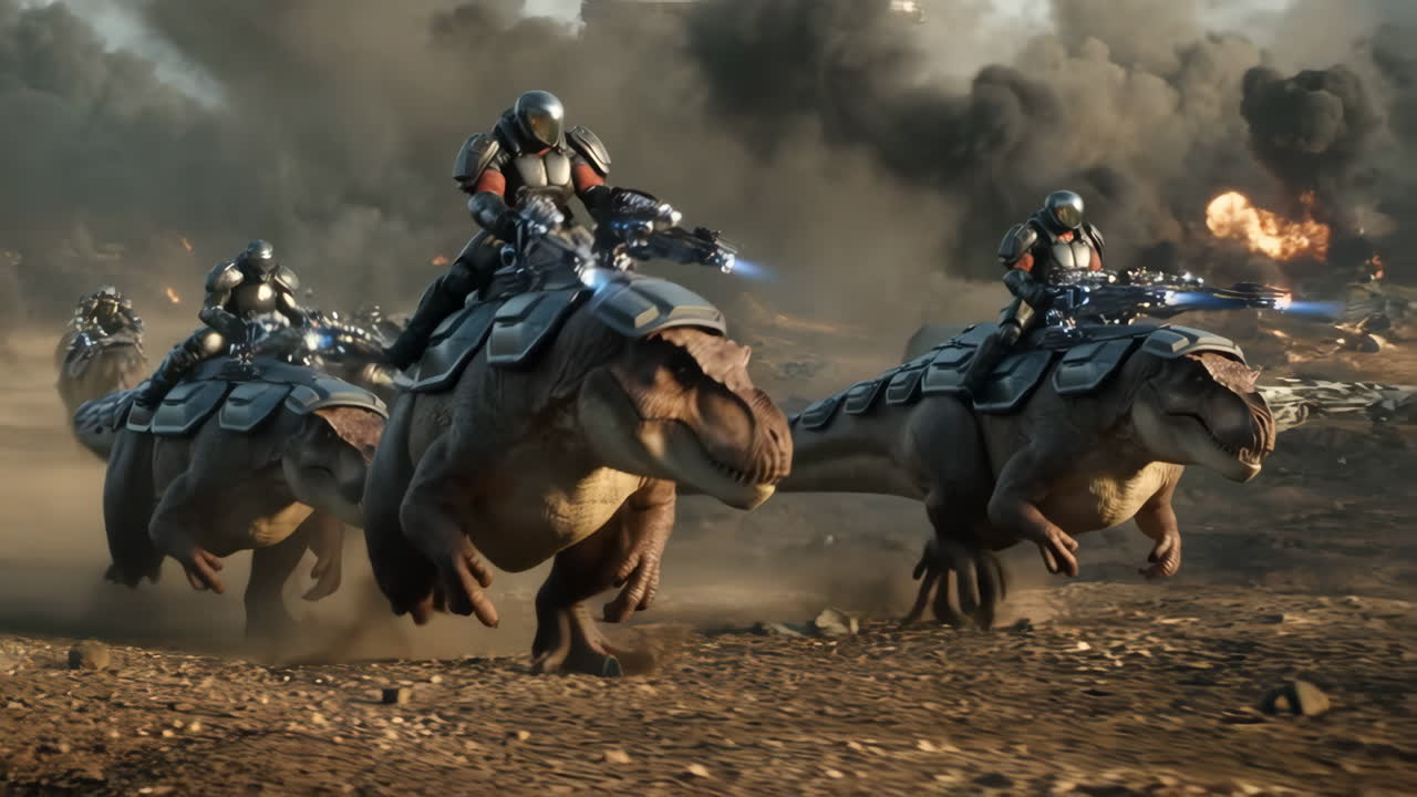 Armored Sci-Fi Warriors Riding Dinosaurs into Battle