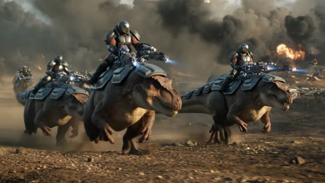 armored sci-fi warriors riding dinosaurs into battle