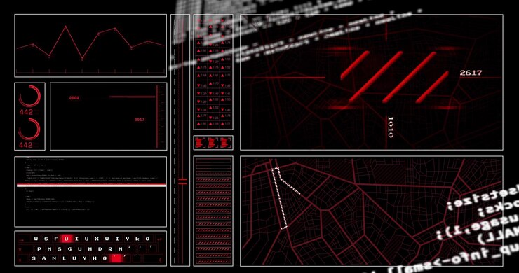 Scrolling code sweeping diagonally red-black HUD updating readouts map polygon growing showing data