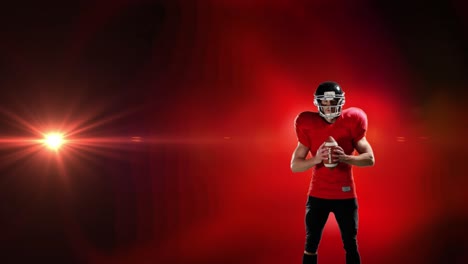 Animation-of-excited-american-football-player-holding-ball-on-red-background-with-pulsing-light