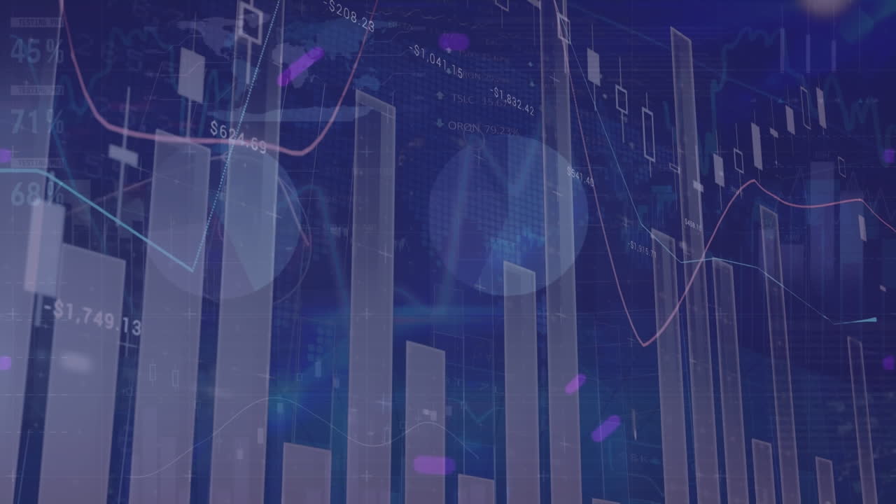 파란색 배경에 금융 데이터 처리를 가진 통계의 애니메이션