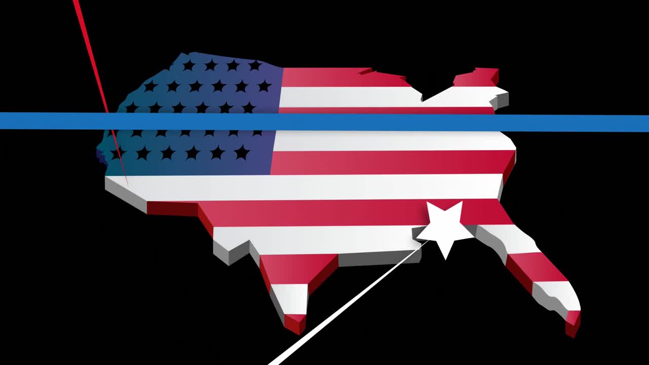 검은색 배경에 있는 미국 지도 위에 선으로 표시된 별들의 애니메이션