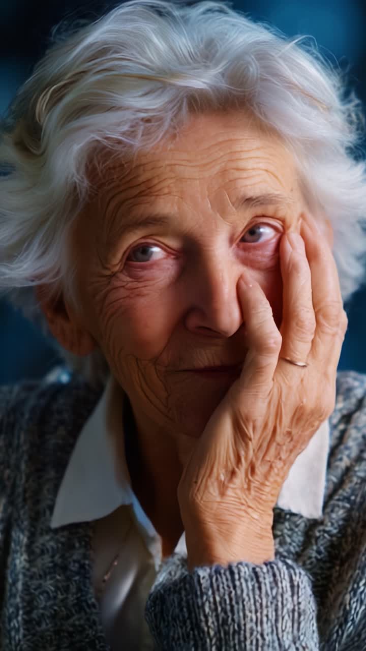 Una anciana reflexiona ensimismada; su rostro expresivo y sus delicados gestos transmiten una profunda sensación de emoción y sabiduría capturada en momentos de contemplación.