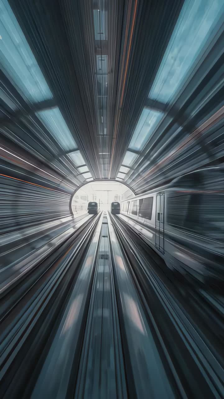 Vertical video: Moving camera gliding through tunnel with 3 rails toward exit, two trains passing