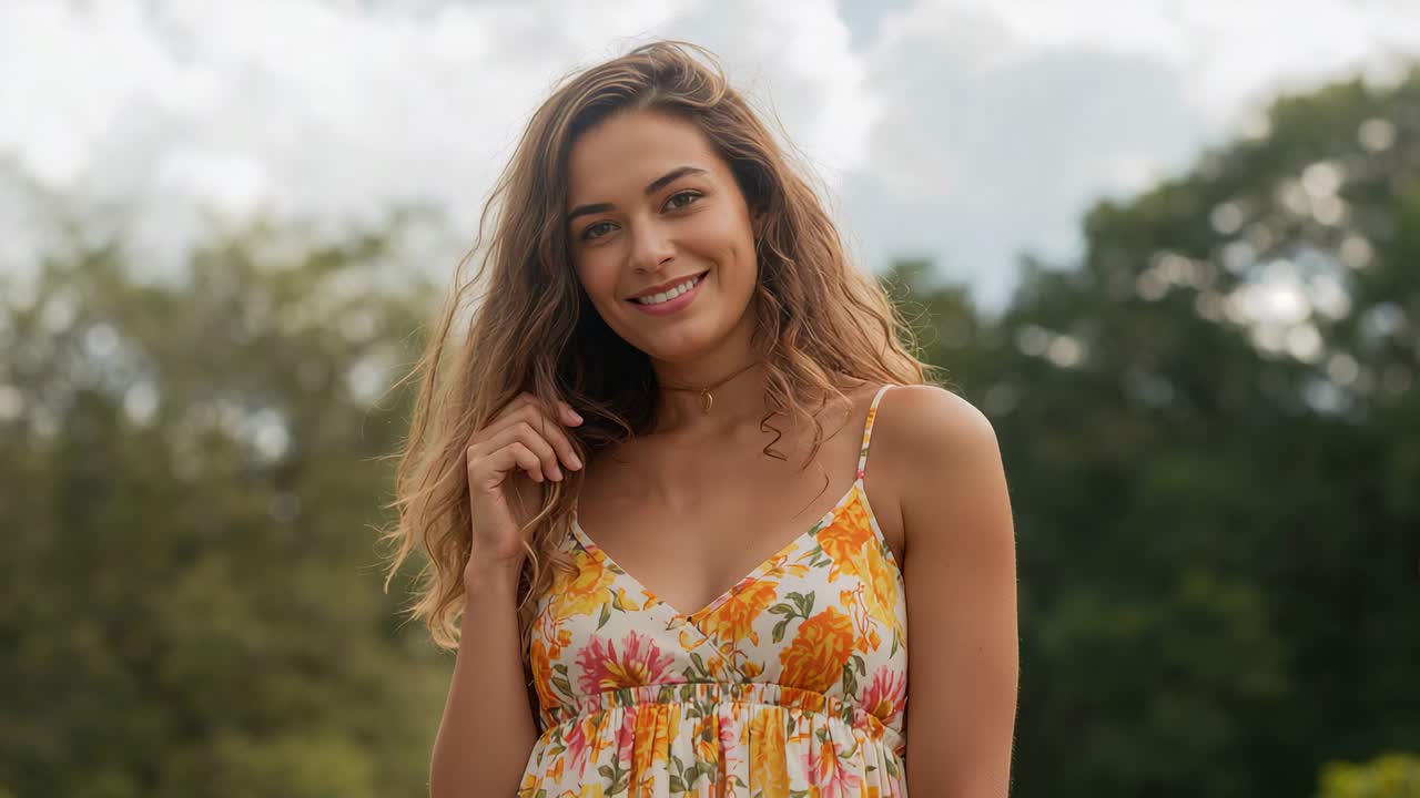 Mujer sonriente tocándose el pelo en un parque, mirando a la cámara, con un vestido de verano floreado y gargantilla