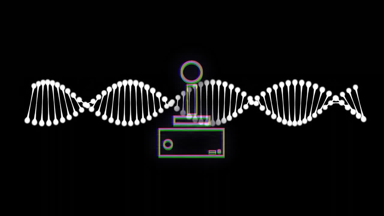 DNA strand with microphone icon on black background, representing animation concept