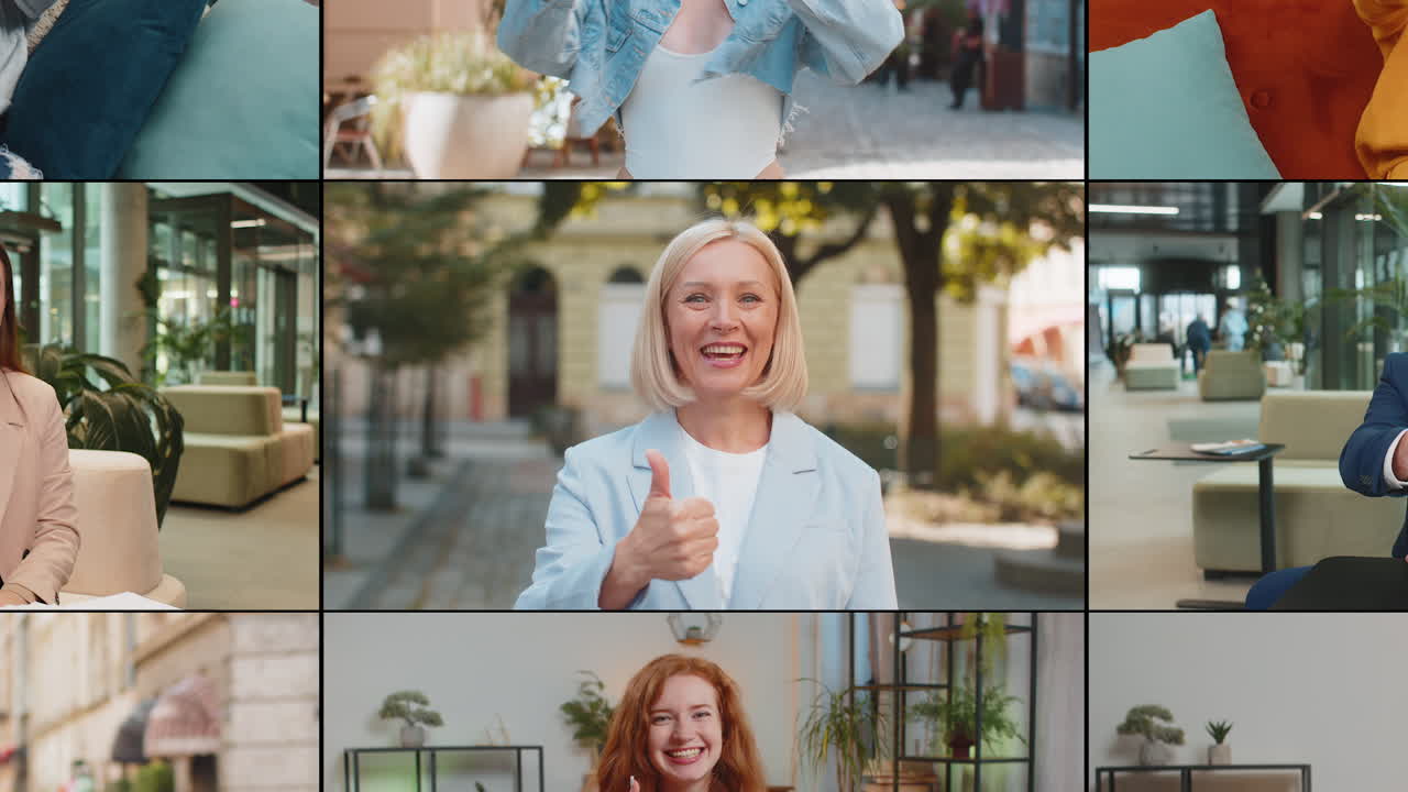 Collage of diverse happy smiling people showing thumbs up like sign positive good positive feedback