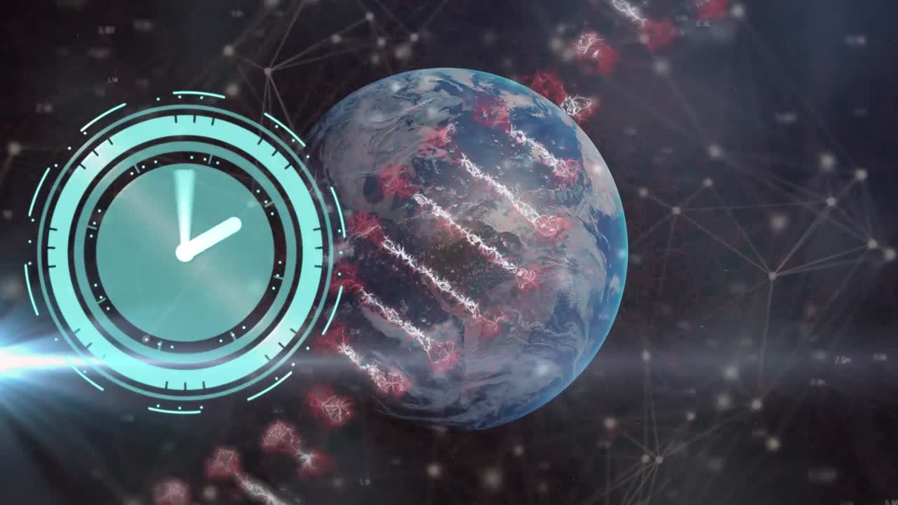 animación del reloj que se mueve sobre la cadena de adn, el globo y las constelaciones