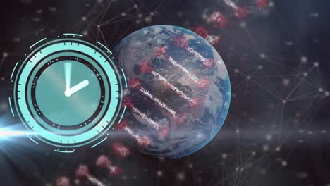 Animation-of-clock-moving-over-dna-chain,-globe-and-constellations