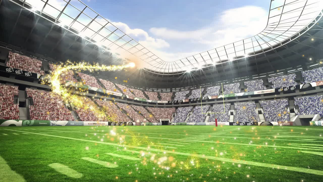 Animation of sparkling light trail moving across field in football stadium