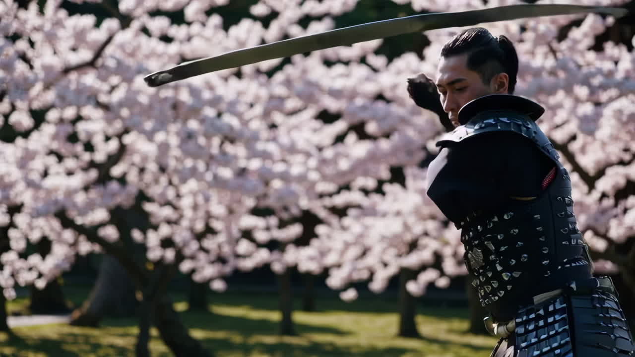Samurai che pratica kendo in un giardino di ciliegi in fiore