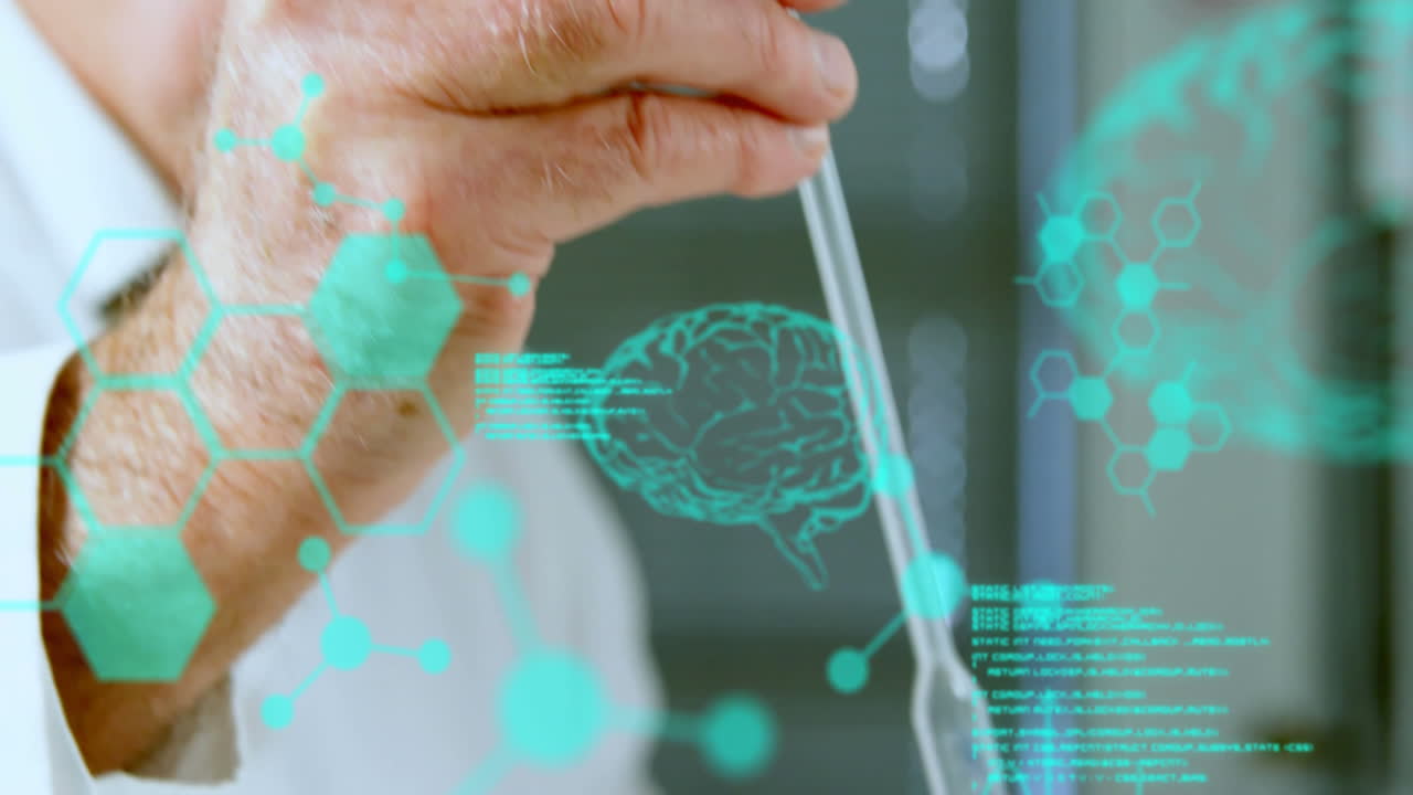 procesamiento de datos médicos contra un científico masculino que trabaja en un laboratorio