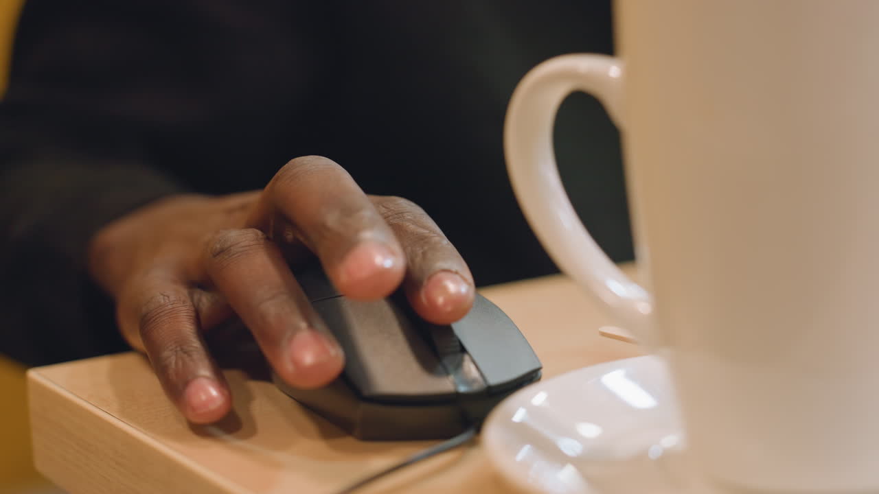 Hand on mouse beside mug, closeup of fingertip navigating laptop interface, cable connected mouse touching wooden desk, warm indoor lighting, programmer checking messages during coffee break
