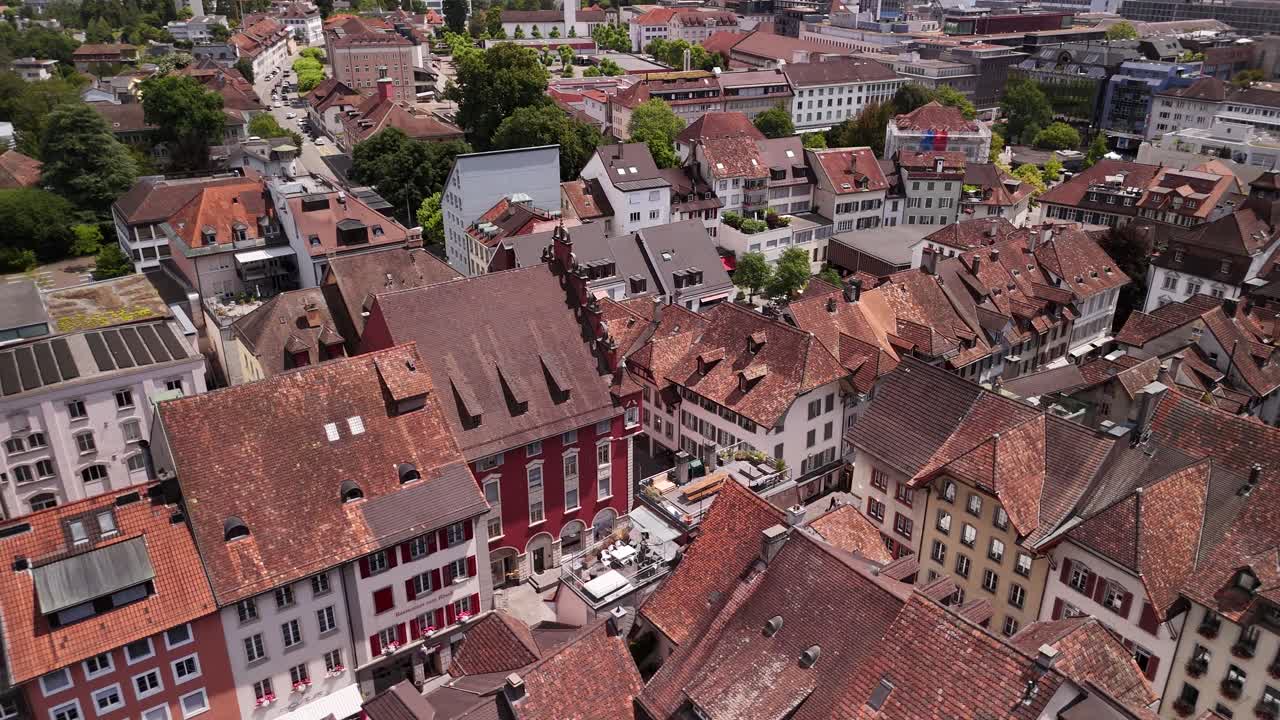 Old town square Aarau Switzerland aerial drone medieval city Europe Swiss