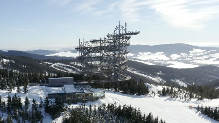 The Sky Walk tourist center on a snowy mountainside,Morava,Czechia