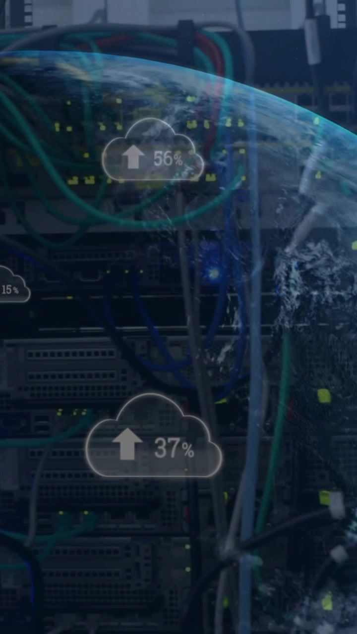 Animation of arrow and changing numbers in clouds and globe over data server system