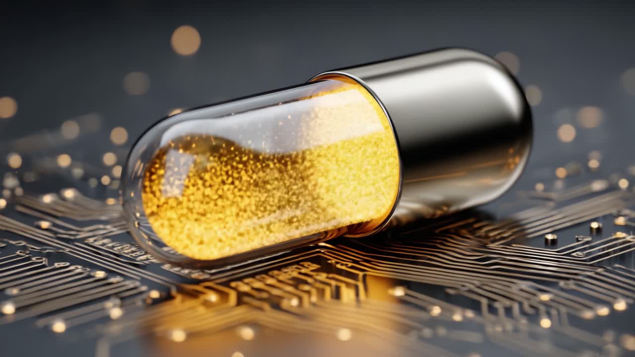 Design Innovativo di Capsule che Fonde Tecnologia e Salute: Una Sorprendente Immagine di una Capsula Dorata su uno Sfondo di Circuito Stampato, Che Evoca Concetti di Progresso e Benessere