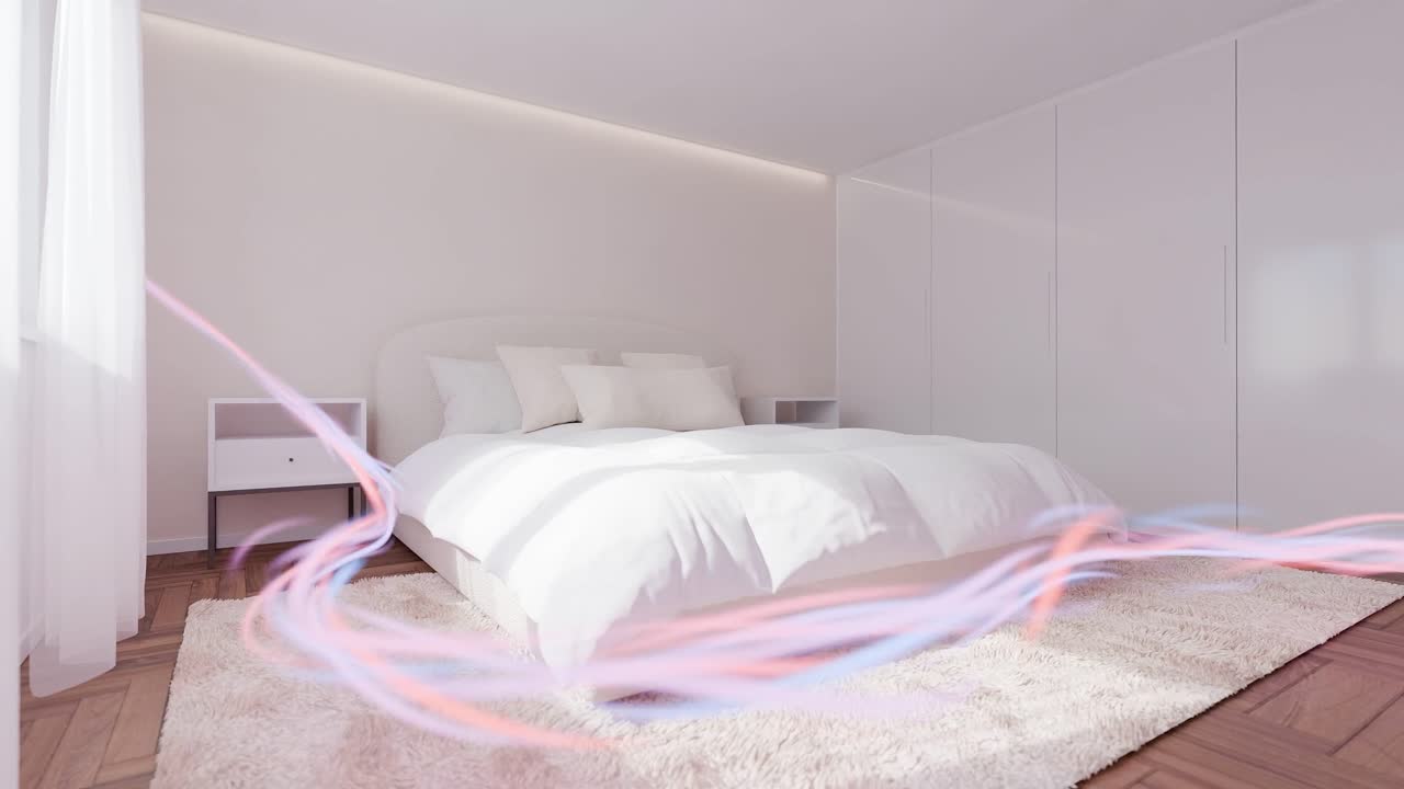 dormitorio moderno en el apartamento de la casa con flujo de energía alrededor de la cama en 3d renderización de animación concepto de diseño de interiores