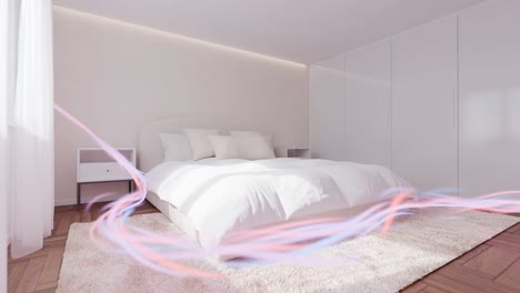 Dormitorio-Moderno-En-El-Apartamento-De-La-Casa-Con-Flujo-De-Energía-Alrededor-De-La-Cama-En-El-Concepto-De-Diseño-De-Interiores-De-Animación-De-Renderizado-3d