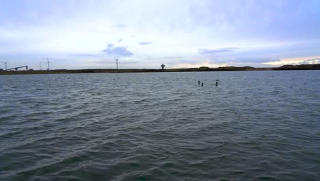 vista panorámica desde un muelle hacia el lago y el astillero