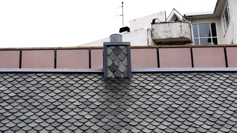 grey tiles fish-scale tiles roofing over european house roof and chimney