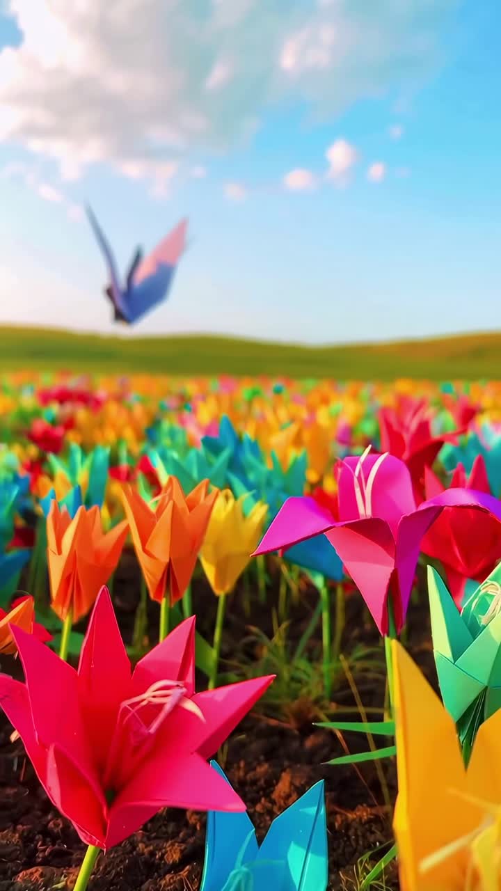 Vivaci fiori di origami in un campo, ripresi da un'angolazione bassa, perfetti per un video sulla natura