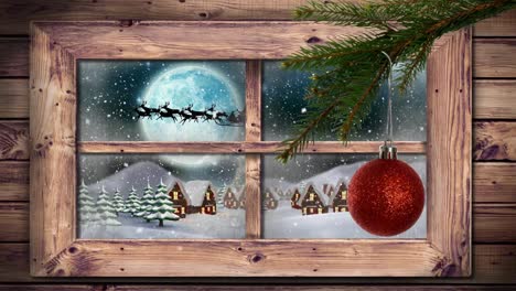 Animación-Digital-De-Adornos-Navideños-Colgados-En-Un-árbol-Y-Un-Marco-De-Ventana-De-Madera