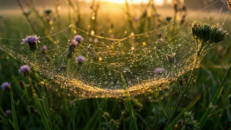 a captivating morning scene featuring a dew-kissed spider web adorned with droplets, set against a golden sunlit background in a lush, flower-filled meadow
