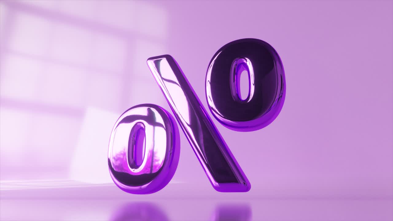 Simbolo di percentuale viola, rendering 3D