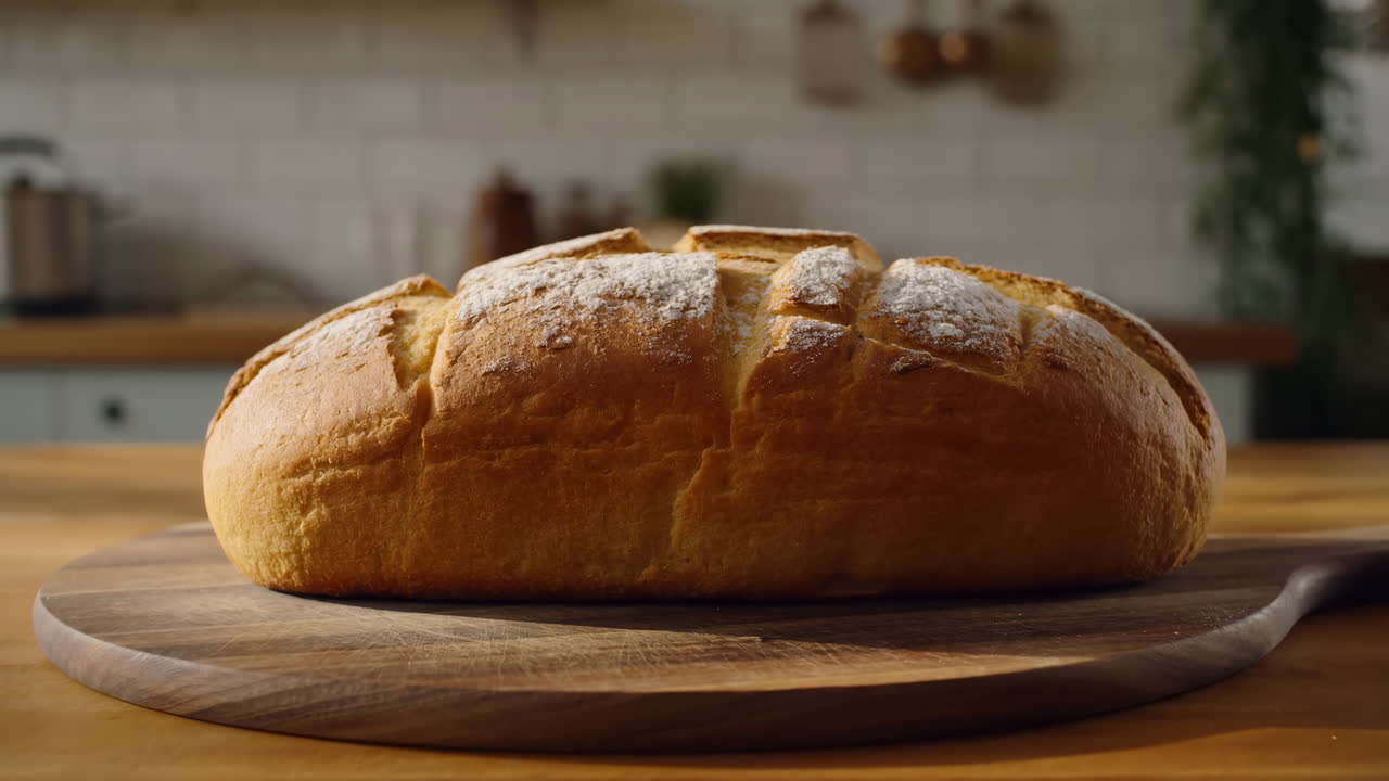 Pagnotta di pane a lievitazione naturale croccante su tagliere di legno, crosta dorata spolverata di farina, sfondo di cucina rustica sfocato.