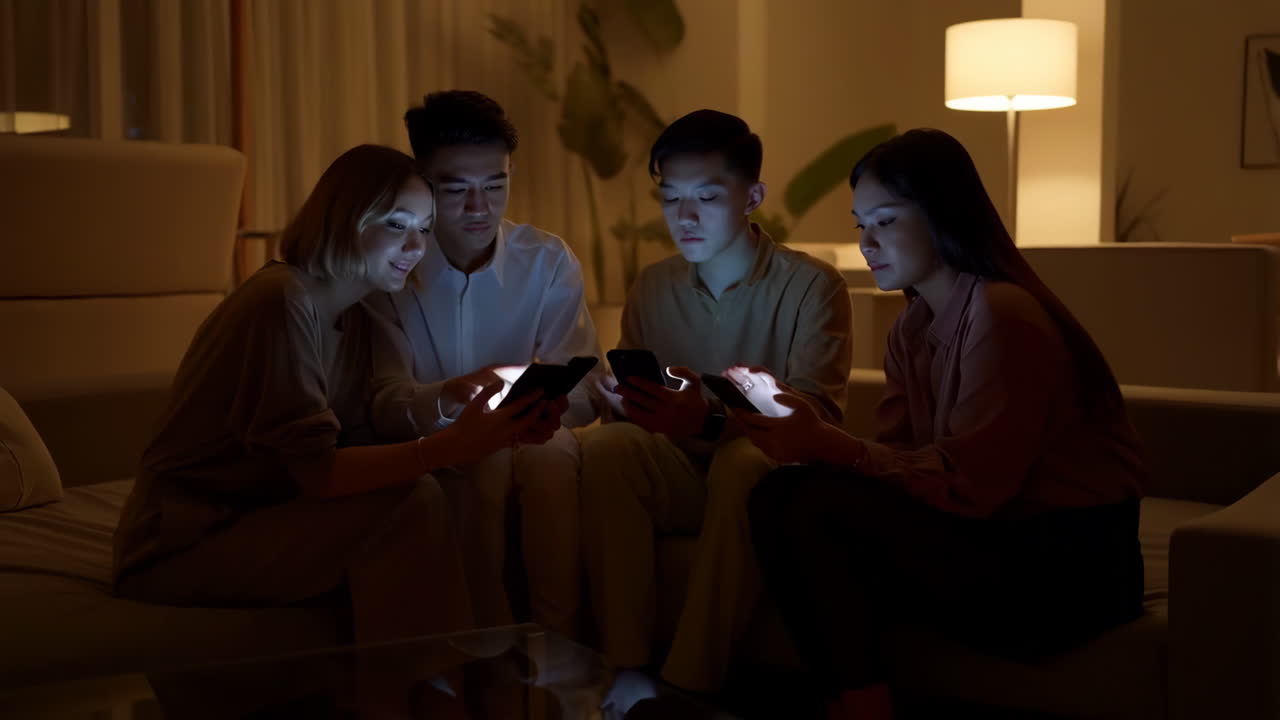 Group of Young Adults Engaged with Smartphones in a Dimly Lit Room