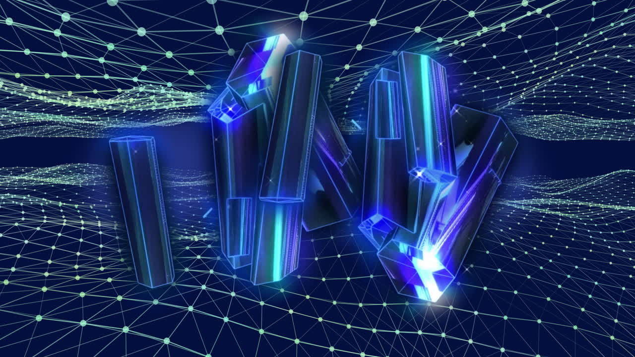 Rotating 3D geometric shapes with glowing edges over network grid animation