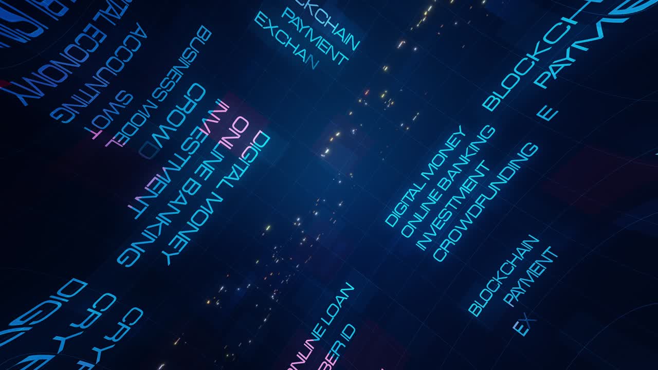 Fintech financial technology animated word cloud, text design animation. 4K 3D rendering kinetic typography. FINTECH Business tag cloud concept background, DEFI, block chain, payment, online banking.